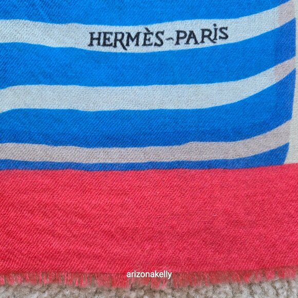 Hermès WOOL STOLE Charmes des Plages Normandes Rectangle Scarf Beach Cabanas - Picture 7 of 16